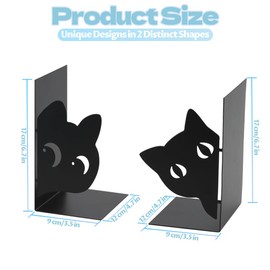 Zoyiancy 1Pair Cat Book Ends for Shelves, Cute Bookends with 8Pcs Non-Slip Pads, Metal Book Holder for Bookshelf, Heavy Duty Book Stopper for Home(Black)