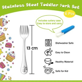 Toddler Fork, HaWare 6 Pcs Stainless Steel Kids Forks Set, Small Metal Fork with Blue Cutlery Case, Children Safe Utensils Fork for Kids’ Self Feeding, Animal Edge& Round Fork Tines, Dishwasher Safe
