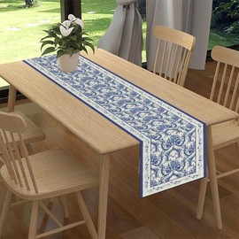 Camino de mesa floral azul, primavera, verano, clásico, bohemio, de temporada, flores silvestres, barrocos, azulejos azules, decoración de centro de mesa para el hogar, cocina, comedor, patio, fiesta