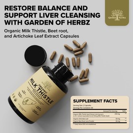 Garden of Herbz USDA Organic Milk Thistle Supplement 80% Silymarin – 250 mg with Beet Root & Artichoke Leaf Extract – Herbal Formula for Liver and Digestive Support, 120 Capsules