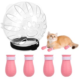 Cat Muzzle and Boots Set, Cat Transparent Muzzle Prevent from Cats Biting Chewing, Breathable Cat Adjustable Hood for Grooming, Adjustable Cat Anti-Scratch Foot Cover for Cats Bathing Nail Trimming