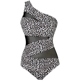 Runtlly Traje de baño de una pieza para mujer, de un hombro, talla grande, con estilo de malla transparente, blanco (White Leopard Print), S