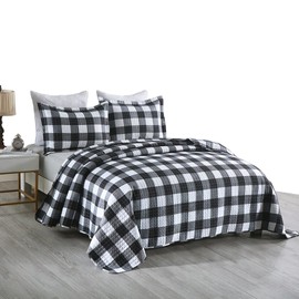 MarCielo 3 Pcs Buffalo Quilt Bedspread Set(Queen), Black White, (B020_Q)