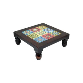 JGARTS 8 inches Small Wooden Wood Chowki with 9 Colorful Tiles Embedded on Bajot Square Shape Decorative Design for Pooja Items