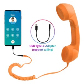 Vintage Retro Telephone Handset, Radiation Proof Cell Phone Receiver MIC Microphone for Cellphone Smartphone, 3.5 Mm Socket with USB C (Orange)
