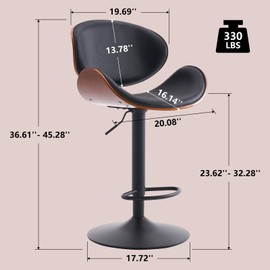 YOUNIKE Bar Stool Black 1PC Adjustable Swivel Bentwood Barstools for Kitchen Island Faux Leather Upholstered Counter Stools with Back and Footrest