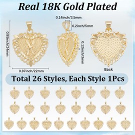 SUNNYCLUE 1 Box 26Pcs Real 18K Gold Plated Brass Letter Charm Heart Dangle Charms Bulk Metal Vintage Love Hearts Shaped A to Z Alphabet Charm for Jewellery Making Charms Earrings DIY Crafts Supplies