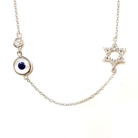 LaTisoro Sterling Silver Blue or Red Evil Eye Protection & Cubic Zirconia Star of David Necklace, Men Women (Blue)