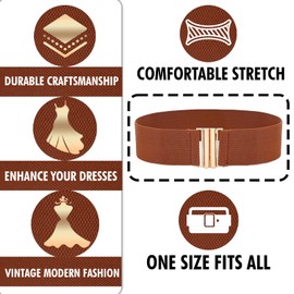 FATASH Vintage Elastic Wide Waist Belt for Women - Stretchy Leather Cinch Waistband with Flat Metal Buckle | Fashion Retro Ladies Belt for Dresses & Costumes | Elasticated Waist Accessory - Brown