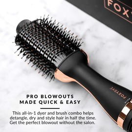 FoxyBae Blowout Dryer Brush 60mm - All-in-One Ceramic Tourmaline - Hair Styler, Curler & Volumizer - Hot Air Styling Tool (Black Rose-Gold)