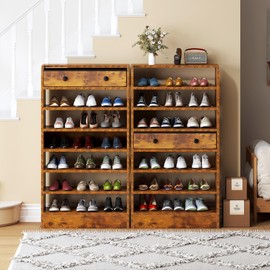 soges Shoe Storage Cabinet, 7-Tier Vertical Free Standing Shoe Rack with Movable Non-Woven Drawer, Shoe Organizer Storage Shelf Cabinet for Entryway, Living Room, Hallway, Doorway, Vintage Brown
