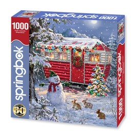 Springbok's Snowy Retreat 1000 Piece Jigsaw Puzzle is a Fun Holiday Image Featuring a Camper Glowing in Holiday Decor