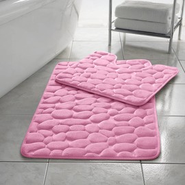 Soodie&Zuzu's Bath Mat Set Non Slip Memory Foam Washable Absorbent Pebble Pedestal & Bath Mat Toilet Bathroom Mat Rug [Pedestal 50x50cm & Bath Mat 50x80cm Approx] (Pink)