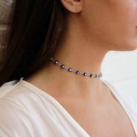 TseenYi Evil Eye Choker Necklace Boho Evil Eye Beaded Necklace Short Choker Necklace Chain Jewelry for Women and Girls Gifts(Silver)