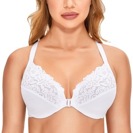 Delimira Women's Front Fastening Bra Racer Back Lace Plus Size Non Padded Underwired White 38F