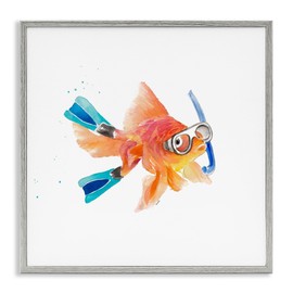 Stupell Industries Goldfish Pet Blue Snorkel Gear Funny Swimming Fish, Designed by Lanie Loreth Gray Framed Wall Art, 24x24, Orange