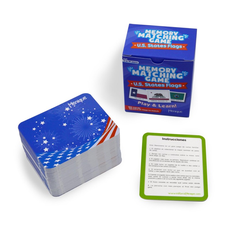 Menique, Memory Matching Game U.S. States Flags, Educational Card Game.