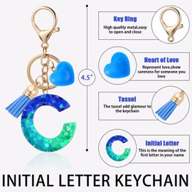 Zesirmay Initial letter Keychains, Sparkly Glitter Letter Keychain with Tassel,Resin Heart,Key Chain for Women,Girls (C, Glitter-blue)