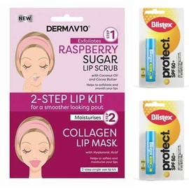 Happy Bees Bundle Blistex Ultra Lip Balm SPF 50 + Twin Pack Plus Derma V10 Exfoliating Raspberry Sugar Lip Scrub