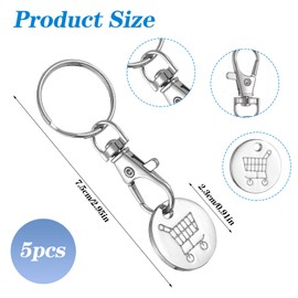 Pack of 5 Shopping Trolley Token, Shopping Trolley Token, Key Chain, Shopping Trolley Token, Stainless Steel with Key Ring for All Shopping Trolleys