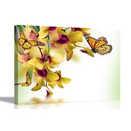Butterly and Yellow Flowers Canvas Art Pictures Framed Hanging Stretched Animal Wallart Bedroom Living Room Modern Wildlife Artwork 30 x 20cm (12 x 8 inches)