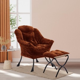 Youtanic Lazy Chair with Folding Ottoman, Accent Chair Plush Upholstered with Metal Structure and Non-Slip Pads, Sofa Armchair with Footrest and Side Storage Bag for Dorm, Room, Office, Brown