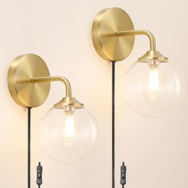 Gold Plug in Wall Sconces Set of 2, Mid Century Plug Sconce with Clear Globe Glass Lampshade, Brushed Art Deco Wall Light Fixture with Plug in Cord for Bedroom Living Room Hallway, G9 Bulbs