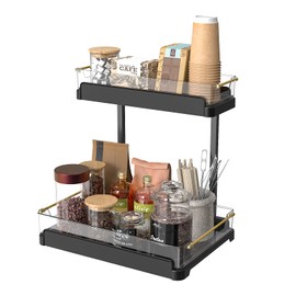 FOLLOWIN 2 Tier Countertop Coffee Station Organizer,Countertop Shelf Organizers for Bathroom,Kitchen,Removable Clear Serving Tray,2-Tier Vanity Organizer and Storage,Black