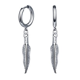 feilok Earring for Men Ear Piercing Stud Earrings for Men Women Stainless Steel Feather with Pendant Ear Helix, Stainless Steel