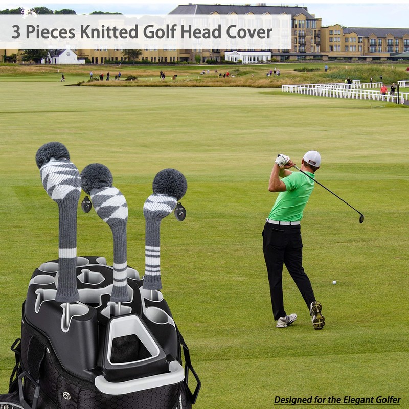 LeFeng ゴルフクラブカバー ニットゴルフヘッドカバー 460ccドライバーフェアウェイウッドとハイブリッド用 かわいいポンポンと数字タグ付き (グレーホワイト格子縞、フェアウェイ用) 1個