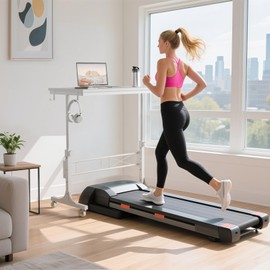 WINAZ Small Portable Treadmill Walking Pad Desk on Wheels, 32 Inch White Adjustable Height Mobile Rolling Standing Teacher Desks, Couch Sofa Side Laptop Stand Up Table for Bedroom, White