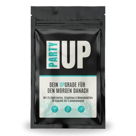 PARTYUP After Party Capsules with Electrolytes & Vitamins, 20 Vegan Anti-Hangover Capsules for 5 Party Nights, 25 Natural Ingredients, 1 x 20 Capsules