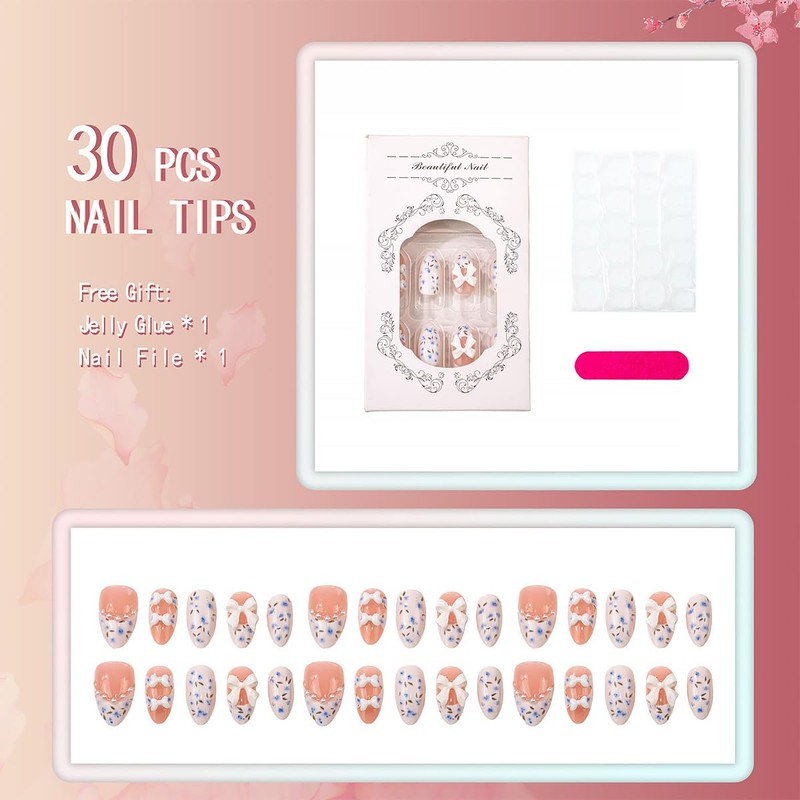30Pcs Bow Press on Nails Short Almond Fake Nails Blue