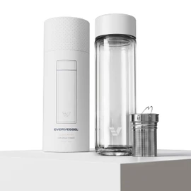 EVER VESSEL Glass Multi Tea Infuser Bottle 14oz - Double Wall Borosilicate Glass Flask | No Plastic Touches Contents | Perfect for Office or Home - White