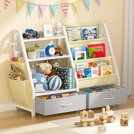 Kids Bookshelf and Toy Organizer, Sturdy 3 Tier Kids Bookcase, Sling Bookshelf and 2 Toy Bins, Toddler Montessori Book Shelf with Toy Storage Organizer for Children Room, Playroom, Nursery
