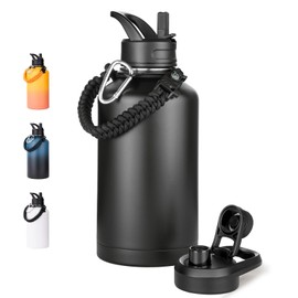 Fijinhom Half Gallon Water Bottle with 2 Lids (Straw & Spout), 304 Stainless Steel Sports Insulated Bottle with Handle, 64 oz Vacuum Double Walled Water Jug with Wide Mouth, BPA Free, Blue&Black