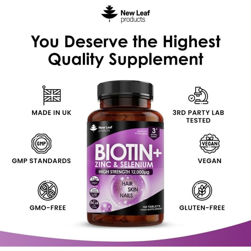 Biotin Hair Growth Vitamins 12,000mcg D-Biotin Tablets Enriched with Zinc