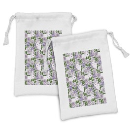 Ambesonne Natural Fabric Pouch Set of 2, Botanic Theme Rabbits Pattern in Roses and Leaves Motifs, Small Drawstring Bag for Toiletries Masks and Favors, 9" x 6", Pale Pink Pastel Purple