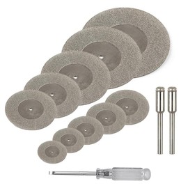 Diamond Cutting Wheel for Rotary Tool, 11 Pcs Diamond Coated Cutting Discs Metal Cut Off Discs with 2 Mandrels for Ceramic Stone Jade Cutting（One Screwdriver）