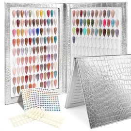 YINGJEE 216 Nail Colors Book, Nail Display Chart Book with 240 Nail Tips & 1-300 Number Labels, Professional Nail Color Swatches Book for Nail Polish UV Gel Salon (Silver, Size 01)