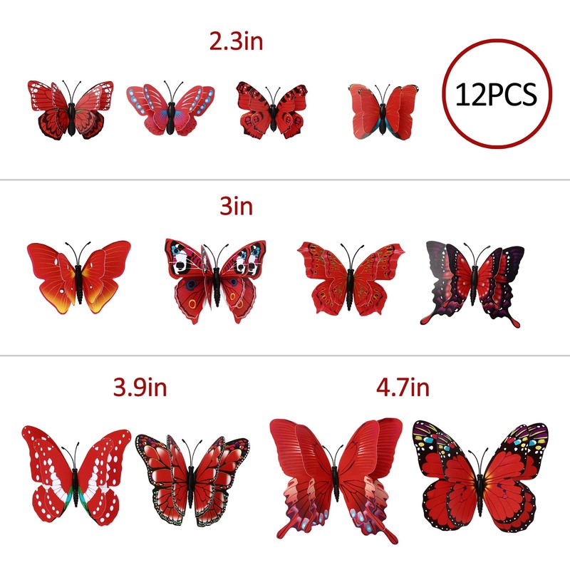 12PCS Butterfly Wall Decals Removable 3D Red Butterflies Sticker with