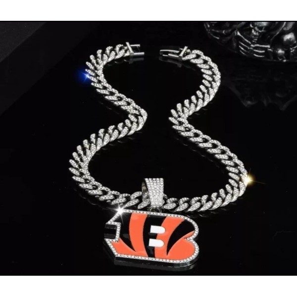 CINCINNATI BENGALS GEM NECKLACE Silver Bling Football Pendant /w 24"