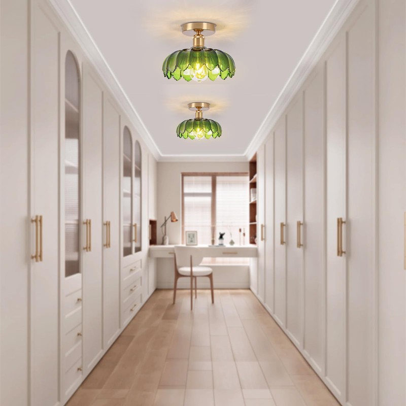 Dellemade Chandelier, Flush Mount Ceiling Light, Green Glass Shade Light