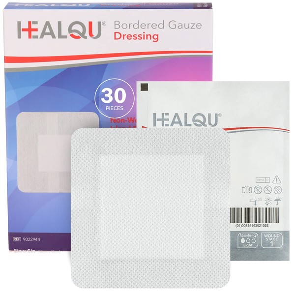 HEALQU Bordered Gauze Island Dressing - 6" x 6" 30 Count, Sterilized Gauze Pads with Water-Resistant Backing - Soft and Breathable Wound Dressing for First Aid and Medical