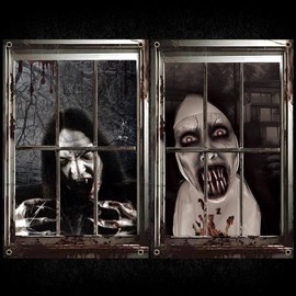 2 Pcs Scary Halloween Window Decorations-Creepy Female Ghost Window Curtain