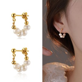 YienDoo Pearl Huggie Hoop Drop Earrings Gold Pierced Pearl Ear Cuff Lightweight Baroque Pearl Bead Dangle Earrings Statement Wedding Prom Pearl Wrap Studs Earrings Jewelry for Women and Girls