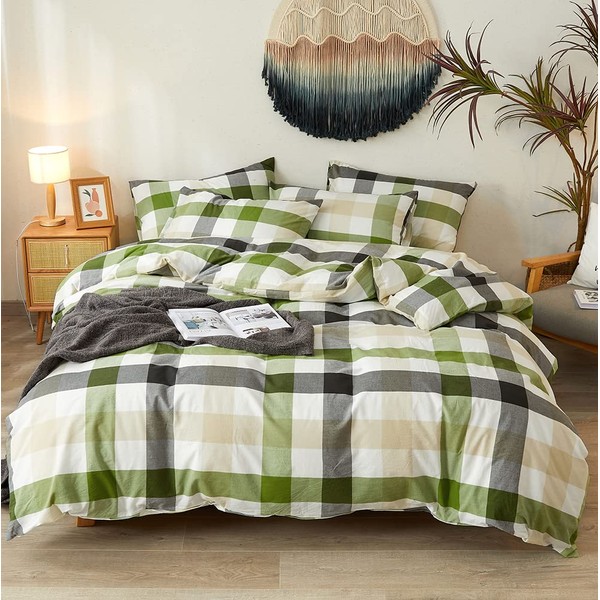DONEUS Green Duvet Cover Queen Size, 100% Washed Cotton Duvet Cover Set Plaid Bedding Set Modern Geometric Comforter Cover 3 Piece with Zipper Closure, 1 Duvet Cover 90x90 inches and 2 Pillowcases