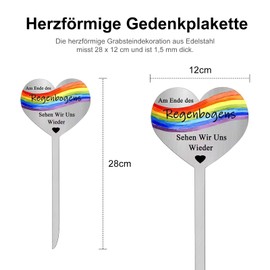 Cosswe Grave Stake Stainless Steel Heart Mourning Decoration with Saying Am Ende des Regenbogens sehen Wir Uns Wieder Metal Steel Rust Grave Stake Grave Decoration for Gardens Yards Keepsake
