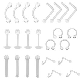 lafomukea 24 PCS Clear Piercing Retainers Set, Plastic Nose Rings, Transparent Invisible Eyebrow Horseshoe Ring