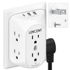 LENCENT 2 Prong Power Strip, 3 to 2 Prong Grounding Outlet Adapter 6 Outlet 1 Type C&2 USB 3.4A, Polarized Plug, 1728J Surge Protector, 3-Sided Wide Spaced Extender,Wall Mount for Non-Grounded Outlet